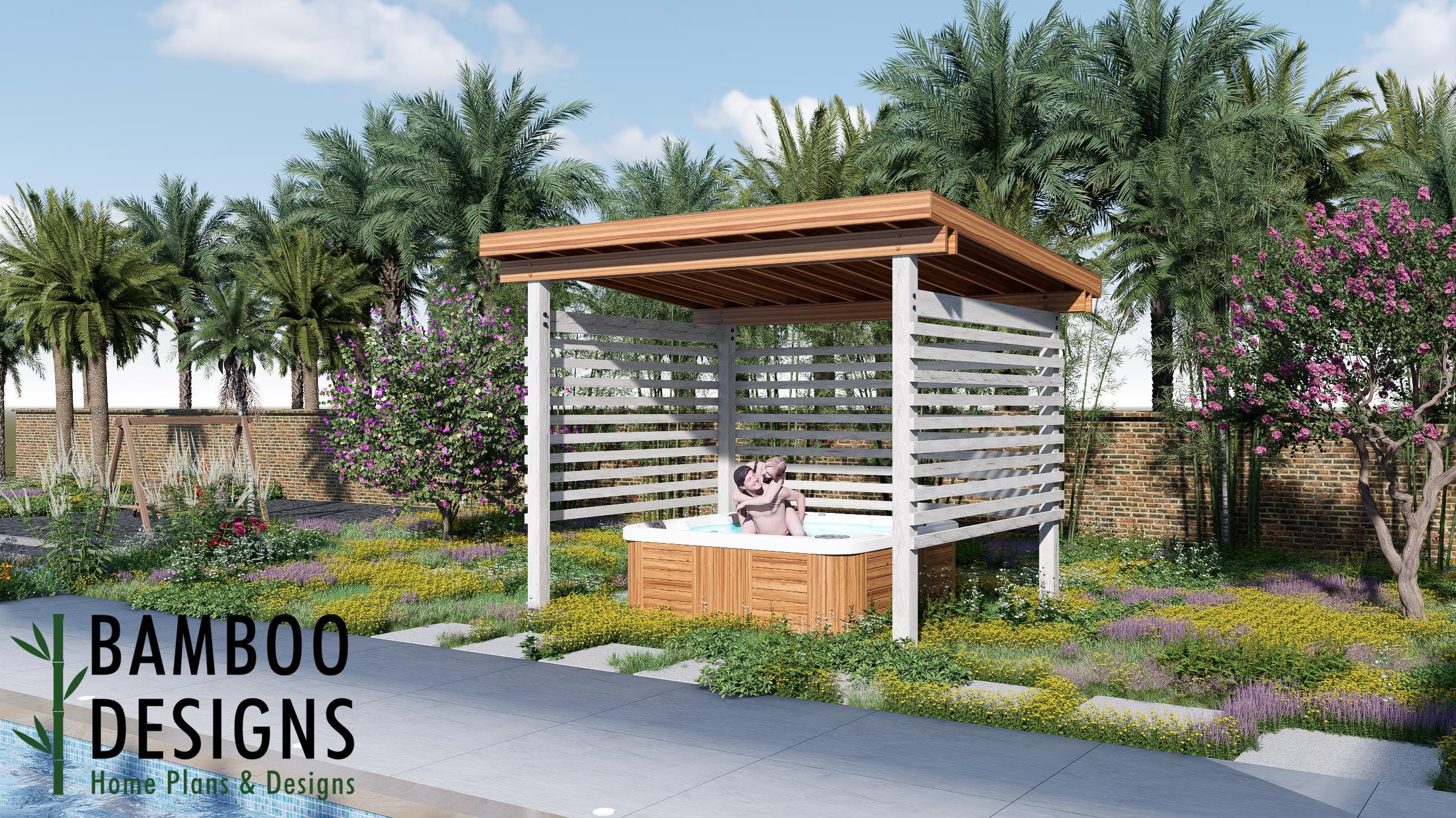 Image of Arcadia Jacuzzi Pergola Plan - 12x10 Spa Cover with Privacy Lattice | DIY Hot Tub Shelter PDF + DWG