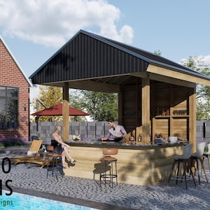 May include: An outdoor bar with a black corrugated metal roof and wooden structure. The bar has a wooden counter with bar stools and is stocked with bottles. A woman and a man are at the bar. The image includes the text "BAMBOO DESIGNS Home Plans & Designs".