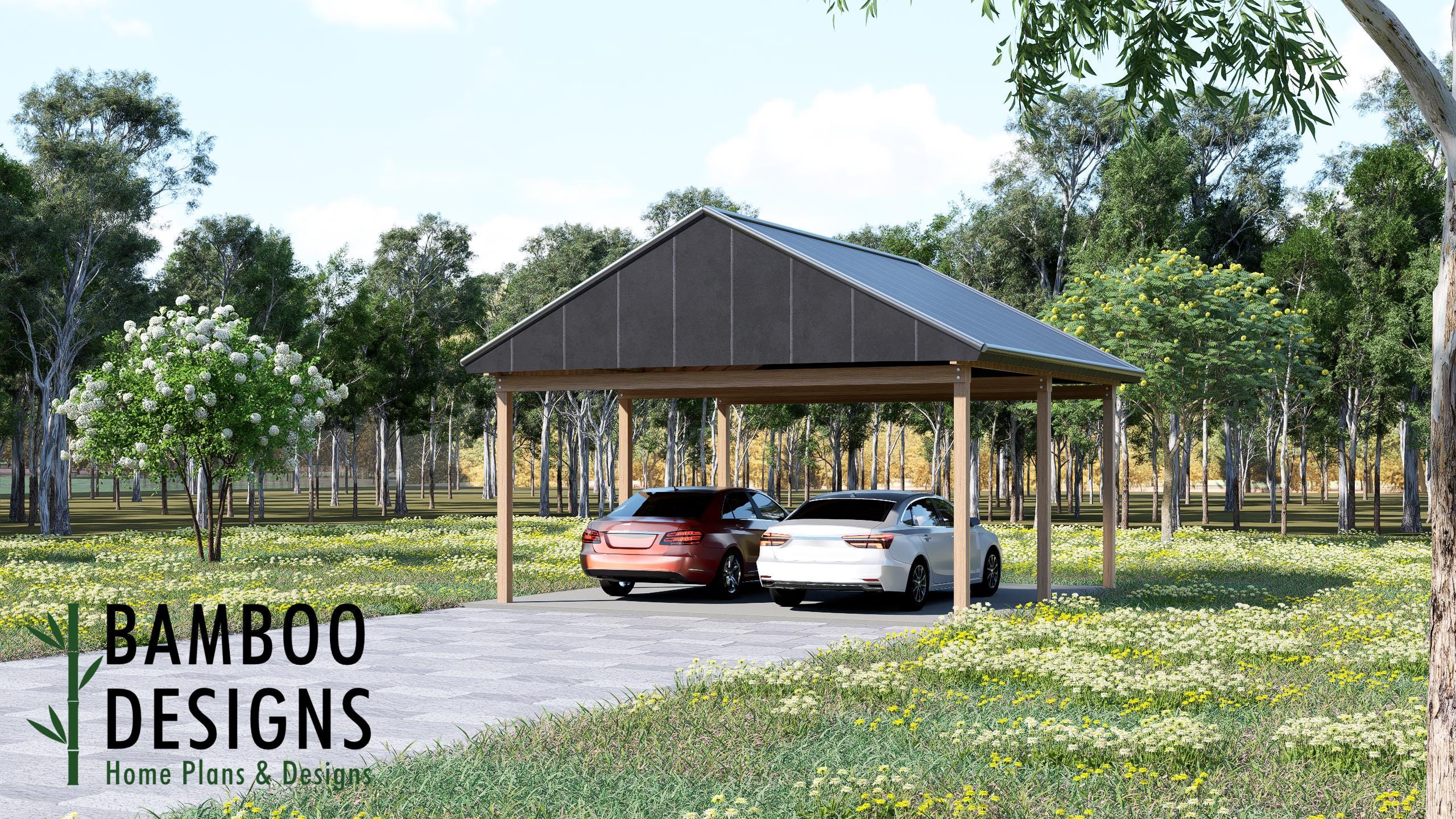 Image of Frisco 22x24 Carport Blueprints - Freestanding Gable Roof Car Shelter - Modern 2-Car DIY Kit Plans