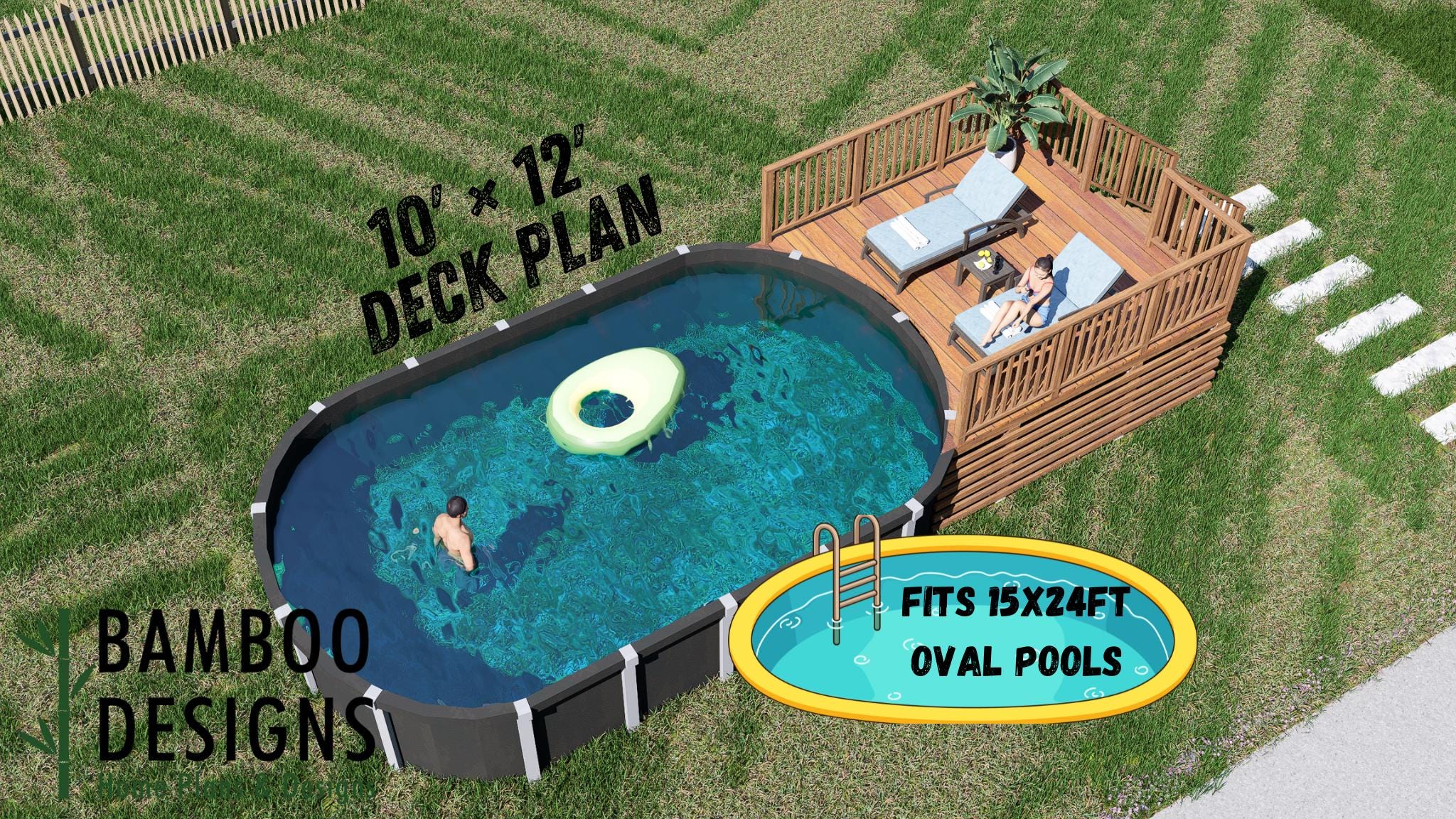 Image of Gamling Oval Pool Deck Plan - 10x12 Deck for 15x24 Above-Ground Pools