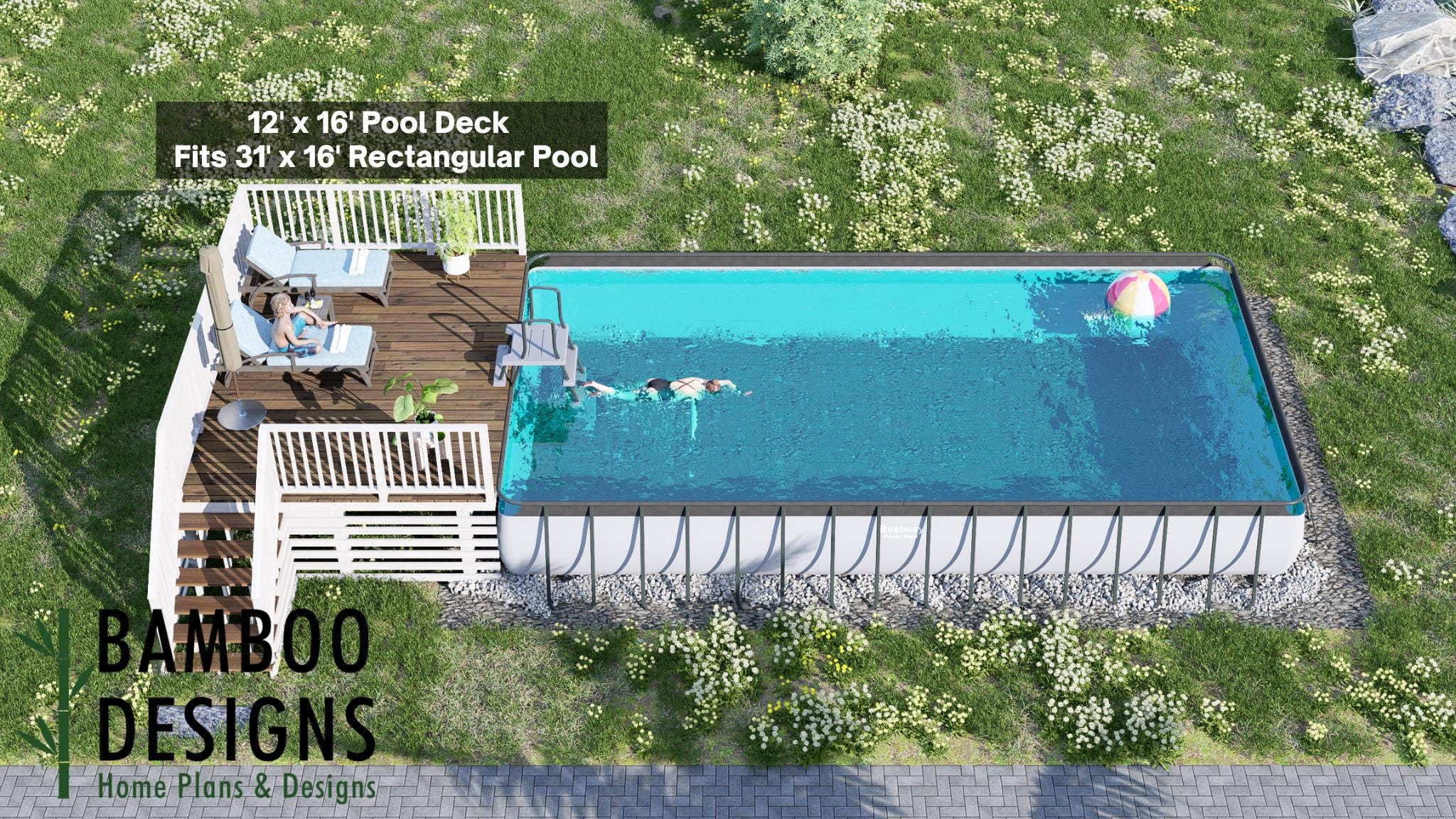 Image of Covington 12x16 Rectangle Pool Deck Plan - Spacious Above-Ground Pool Deck with Lounge & 6-Step Entry | DIY PDF Plans