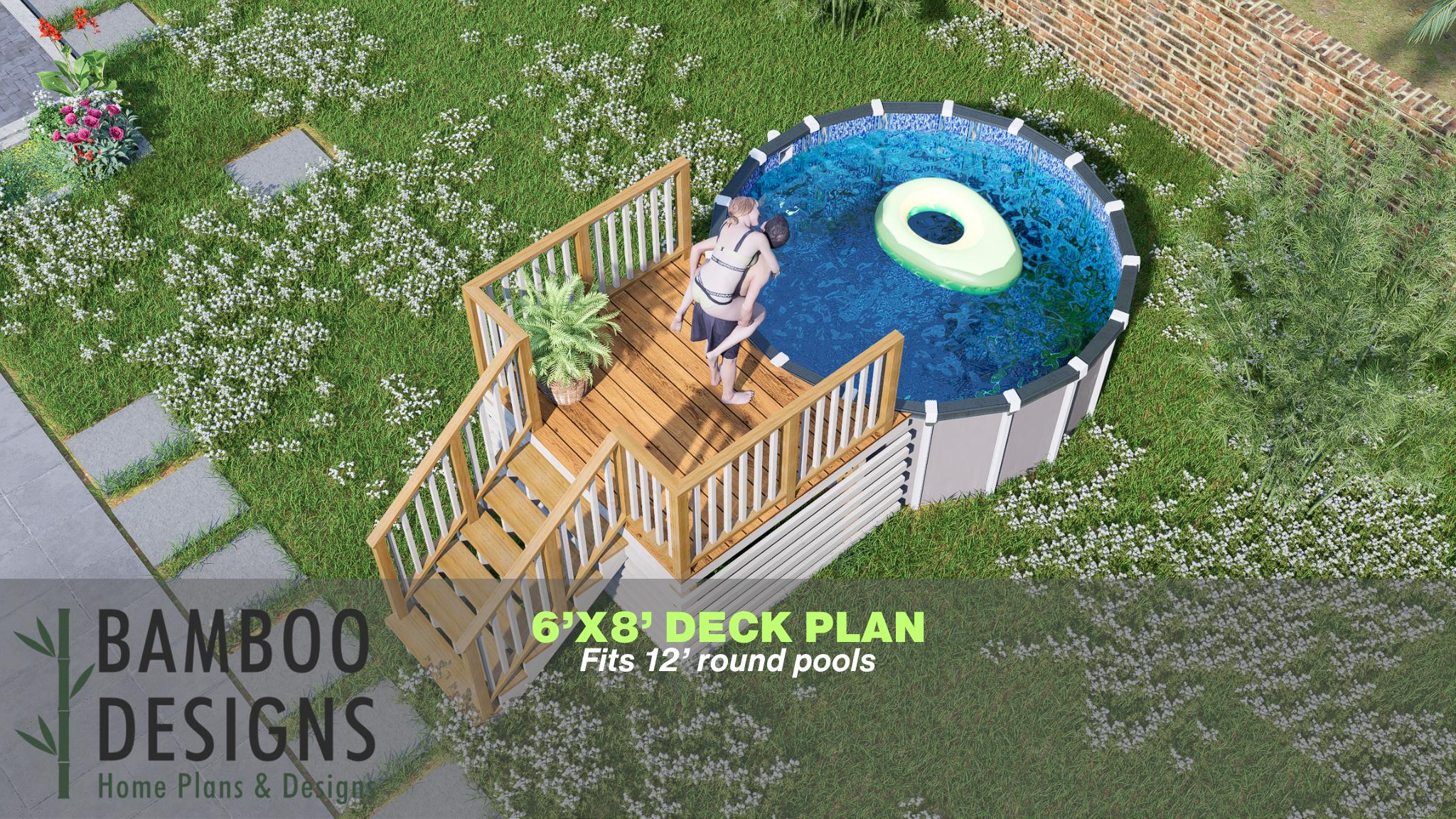 Image of Lucia Circle Pool Deck Plan - 6x8 Above-Ground Pool Entry Deck with Staircase | DIY PDF Plans for 12' Round Pools