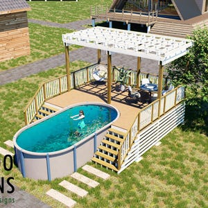 Op de afbeelding: Een 3D-architecturale weergave van een ovaal bovengronds zwembad geïntegreerd in een houten terras met een witte pergola, trappen en leuningen. De tekst BAMBOO DESIGNS Home Plans & Designs is zichtbaar in de linkerbenedenhoek van de afbeelding.