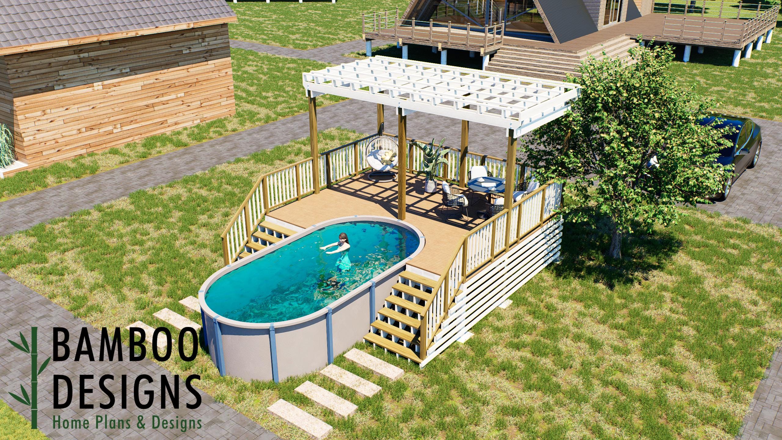 Image of Endrick Oval Pool Deck Plan - 16' x 20' Above-Ground Pool Deck for 10' x 18' Oval Pools with Staircase | DIY PDF Plans