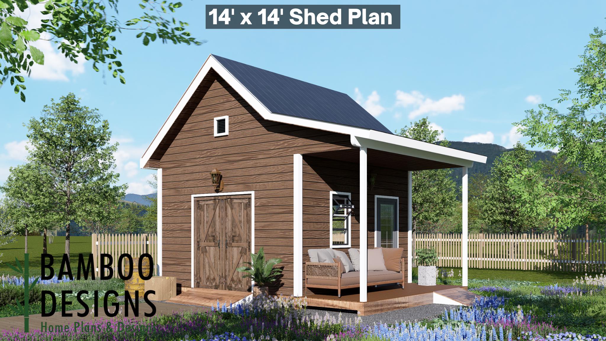 Image of Jabba 14x14 Porch Shed Plan - A Rustic Retreat with Classic Gable Roof & Covered Outdoor Space