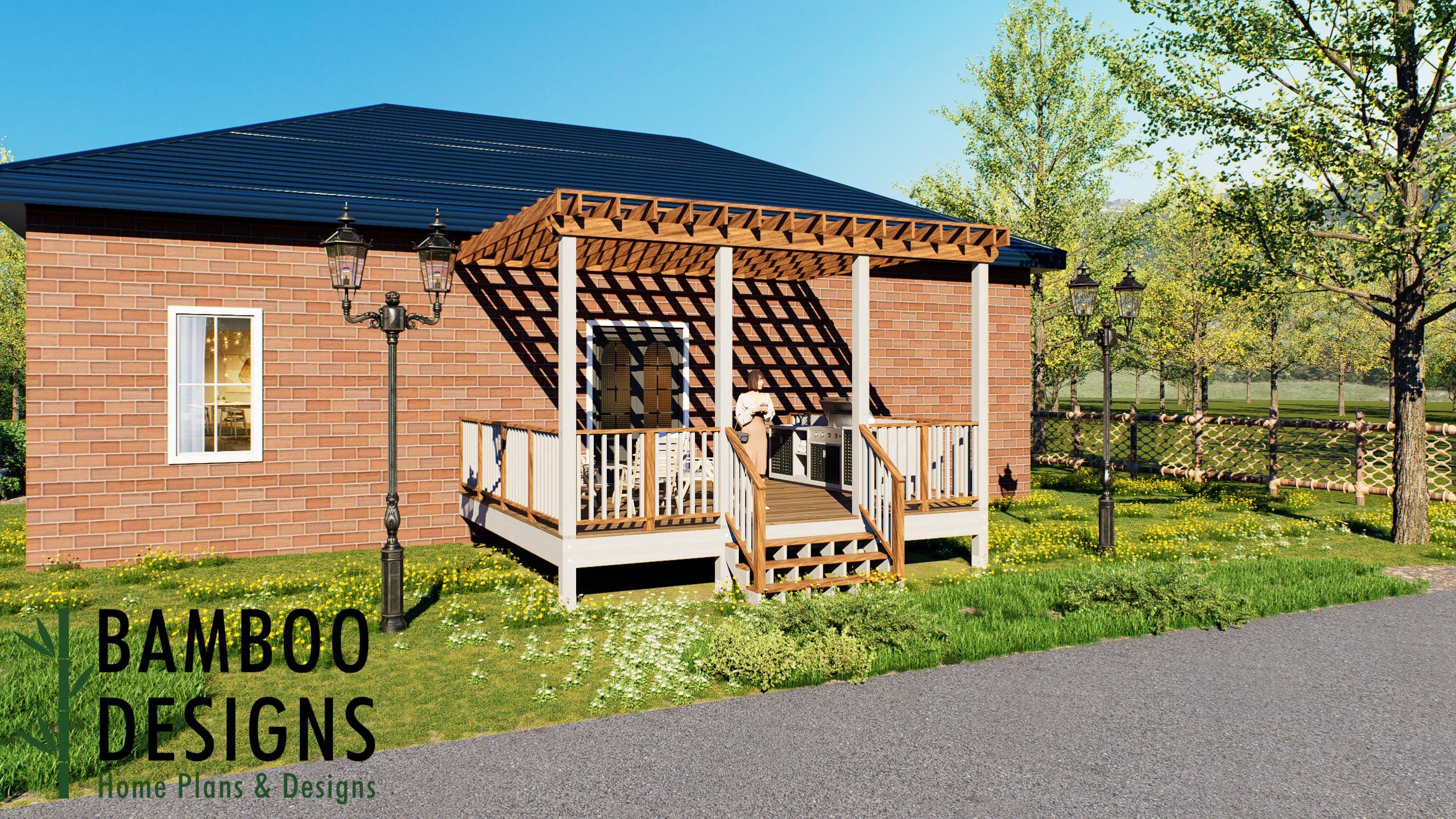 Image of Tomoe 16x18 Attached Deck Plan - Spacious Pergola-Covered Outdoor Living & Entertainment Deck