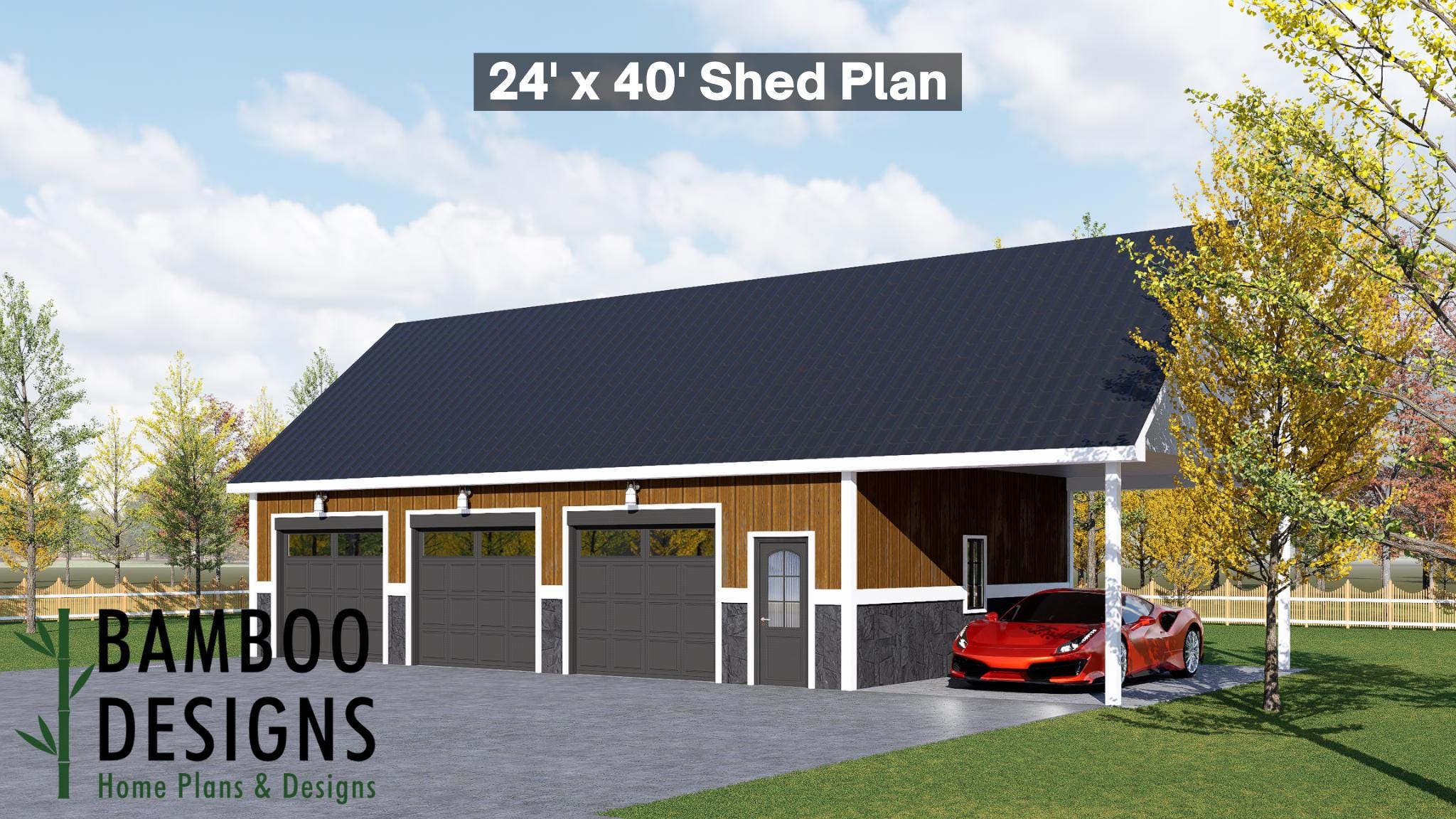 Image of Edison 24x40 Garage Shed Plan - A Three-Bay Garage with Modern Farmhouse Charm
