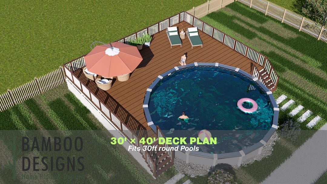 Tortuga – 30’ Round Pool Deck Plan | 30x40 Wrap Lounge Deck | DIY PDF ...
