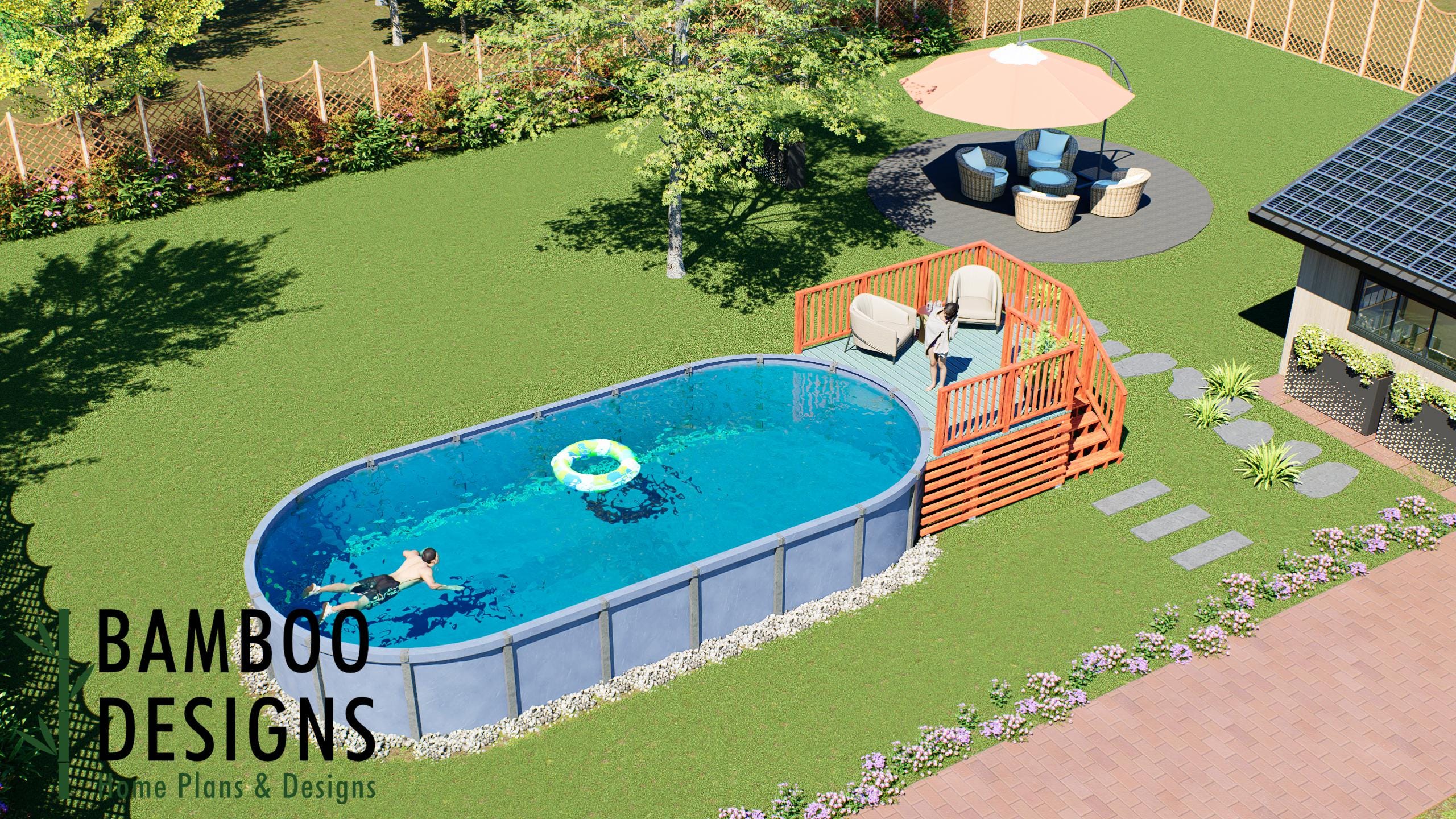 Image of Malcom Oval Pool Deck Plan - 10' x 12' Above-Ground Pool Deck for 16' x 32' Oval Pools with Staircase | DIY PDF Plans
