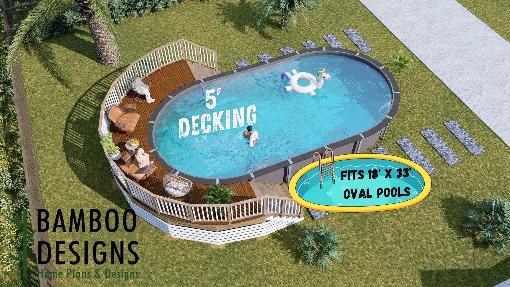 Image of Belleview 18x33 Oval Pool Deck Plan - 5ft Wraparound Above-Ground Pool Entry Deck | DIY PDF Plans
