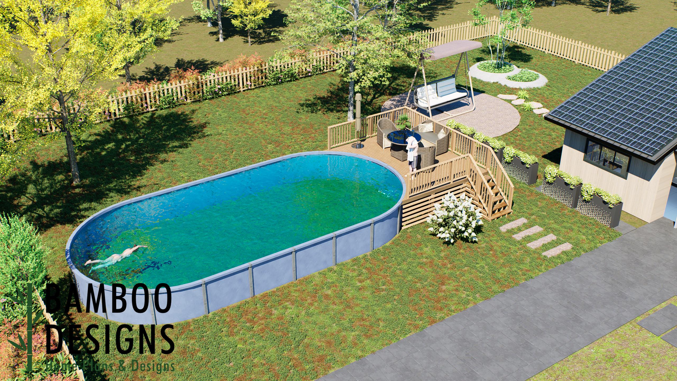 Image of Osaka Oval Pool Deck Plan - 10'x18' Above-Ground Pool Deck with Staircase & Safety Railings | DIY PDF Plans
