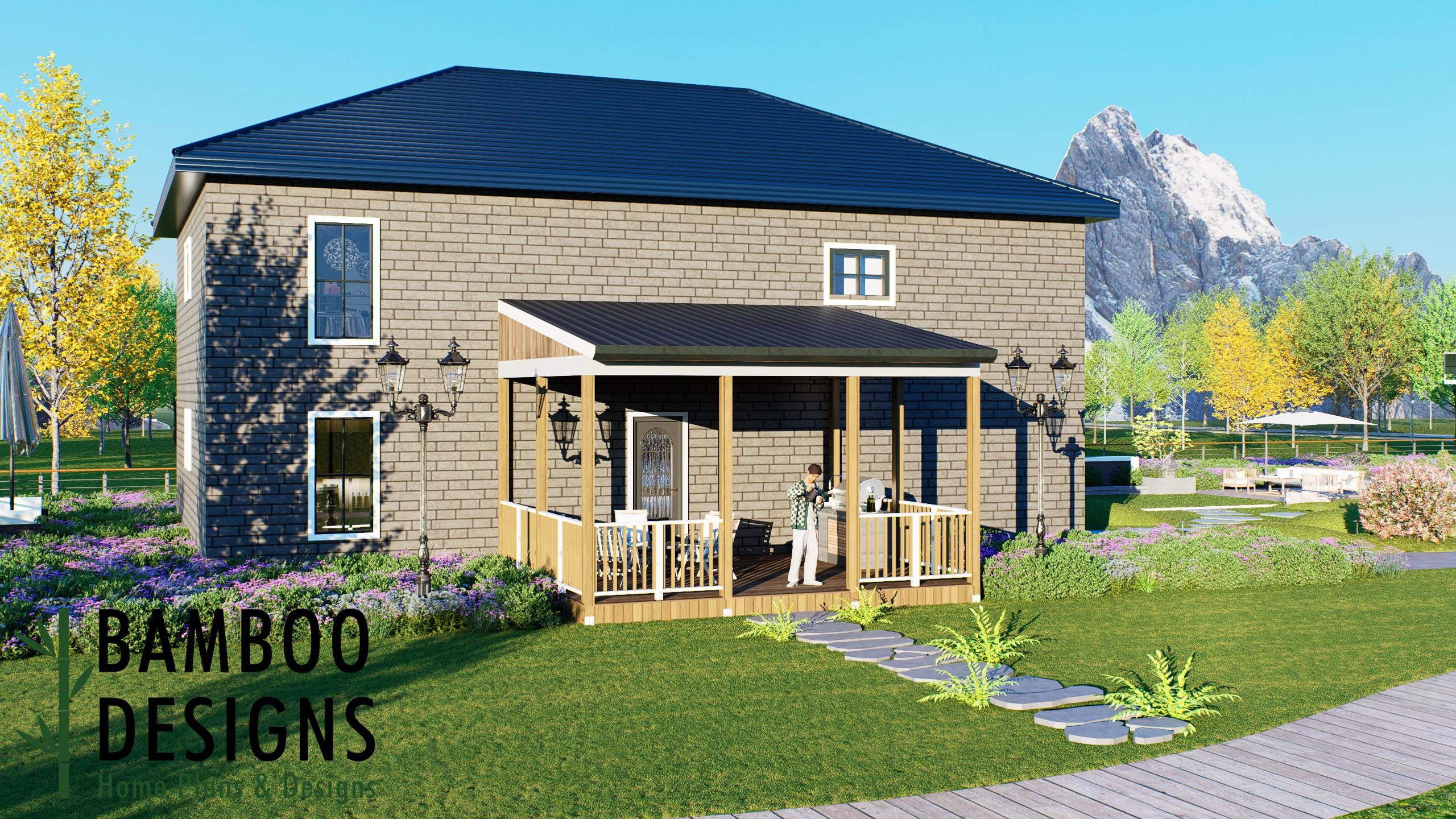 Image of Jules 16x20 Covered Deck Plan – Ground Level Deck with Gable Porch Roof | DIY PDF Plans