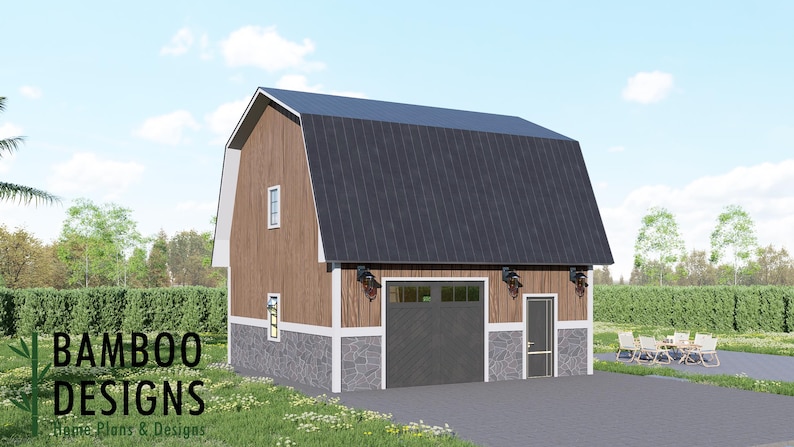 Seri 24x24 Gambrel Roof Garage Plan Option 2- Classic Barn-Style 2-Car Garage with Loft Potential plan by Bamboo Designs