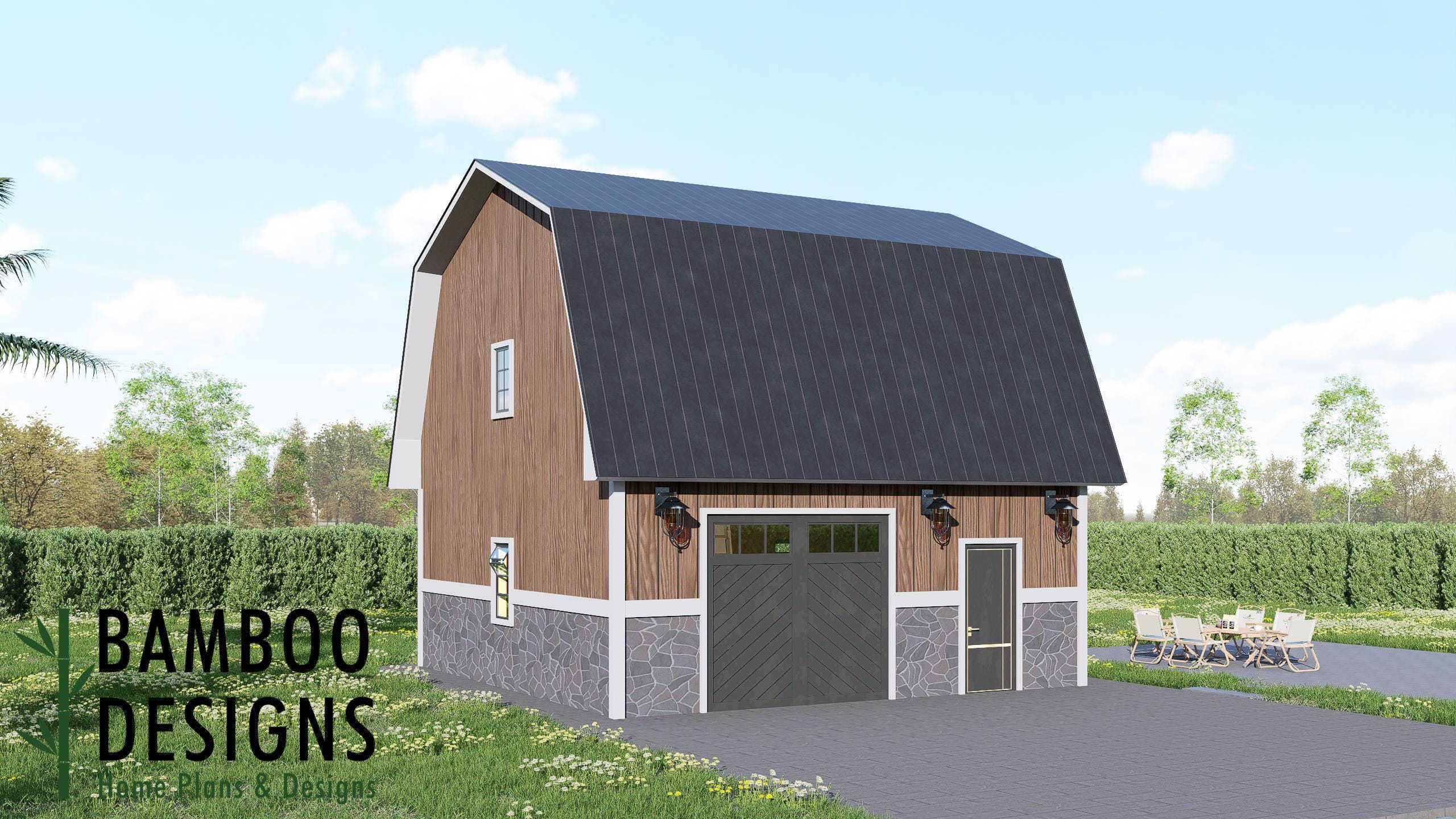 Image of Seri 24x24 Gambrel Roof Garage Plan Option 2- Classic Barn-Style 2-Car Garage with Loft Potential | DIY Construction Plans