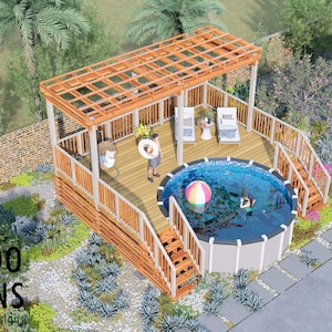 Könnte beinhalten: Eine Darstellung eines Gartenpoolbereichs mit Holzterrasse, Pergola und Treppe. Der Pool ist rund mit blauem Innenraum und einem bunten Strandball. Die Szene umfasst Liegestühle, Landschaftsgestaltung und ein Haus im Hintergrund. Der Text "BAMBOO DESIGNS Home Plans & Designs" ist sichtbar.