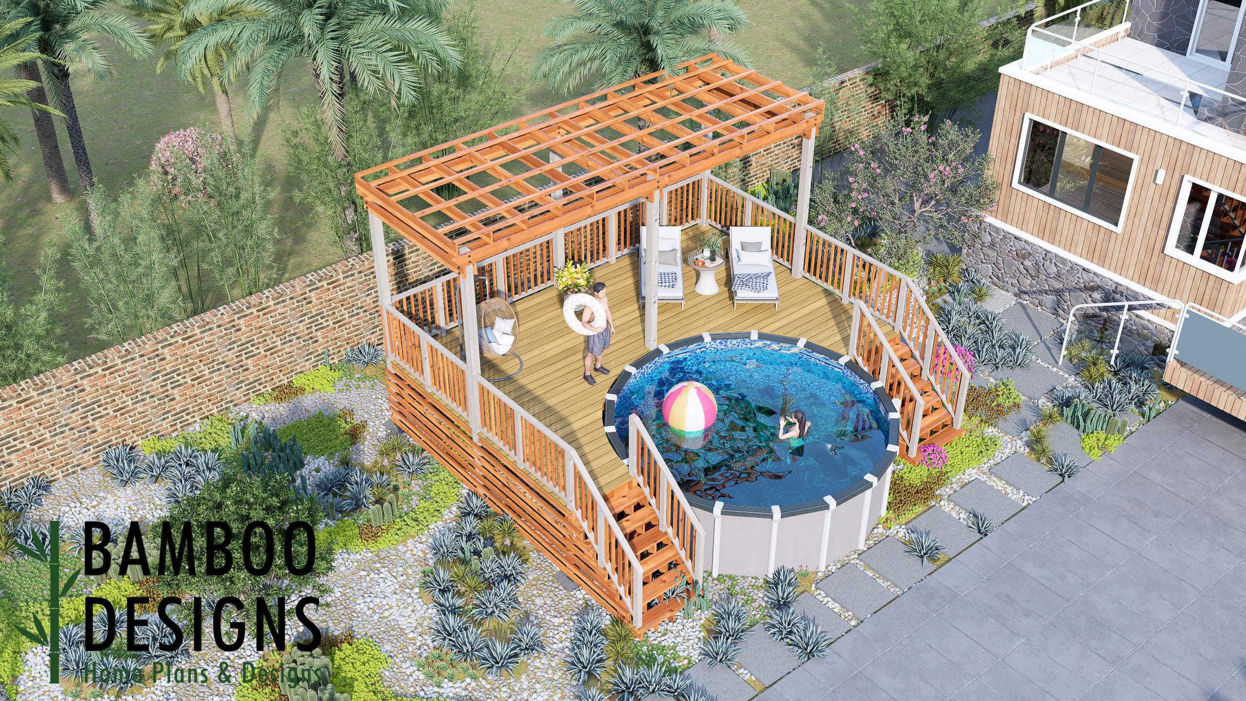 Image of Tangerine Circle Pool Deck Plan - 16x23 Large Above-Ground Pool Deck with Staircase | DIY PDF Plans for 14' Round Pools