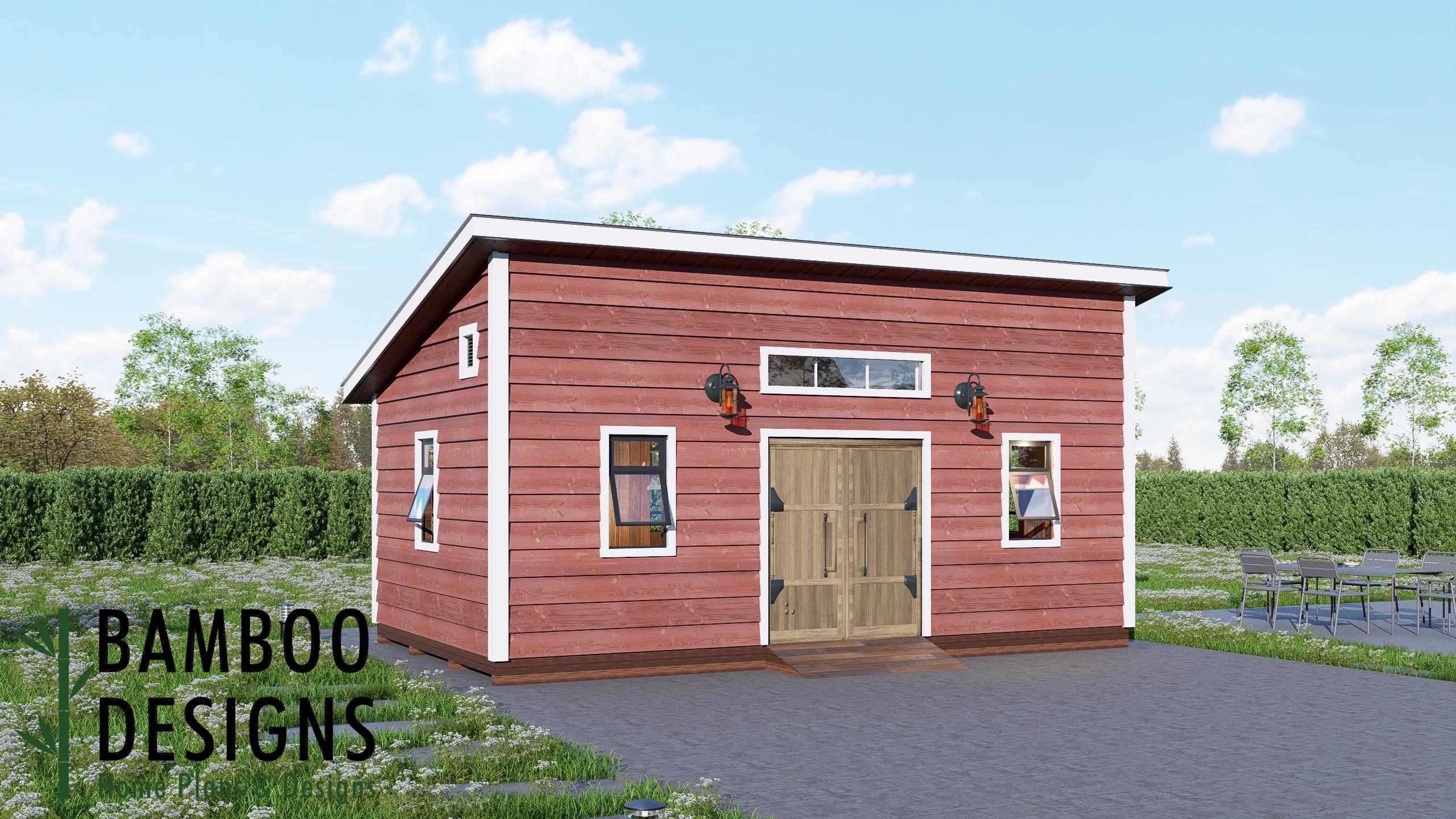 Image of Zelie 14x24 Monoslope Roof Shed Plan - Modern Backyard Studio, Workshop, or Storage Solution