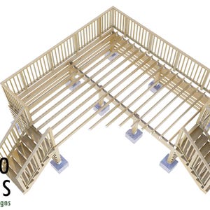 May include: A top-down view of a wooden deck design with stairs and a railing. The deck is constructed with light-coloured wood and features a rectangular shape with a corner design. The image includes the "Bamboo Designs" logo.