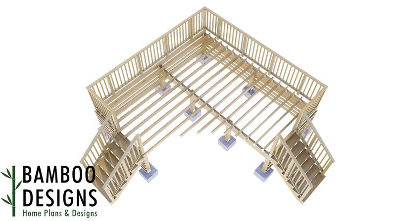 May include: A top-down view of a wooden deck design with stairs and a railing. The deck is constructed with light-coloured wood and features a rectangular shape with a corner design. The image includes the "Bamboo Designs" logo.