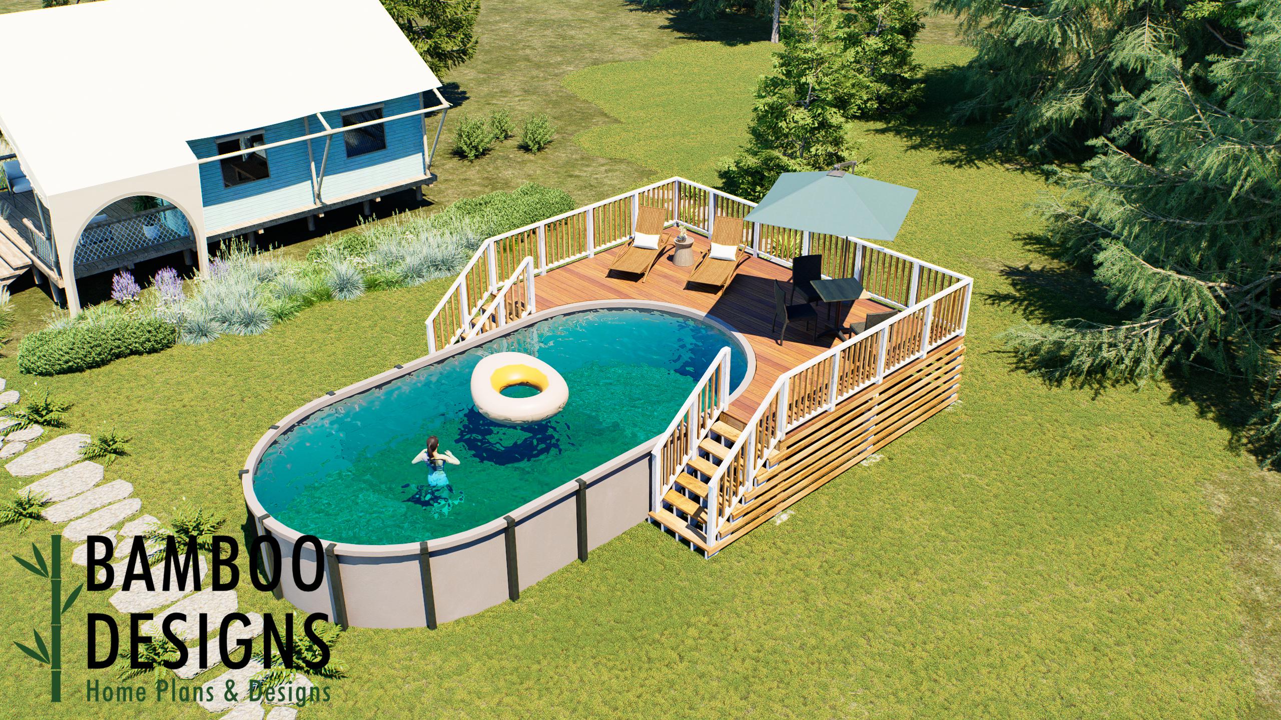Image of Doteaenu Oval Pool Deck Plan - 16'x24' Above-Ground Pool Deck with Stair Access for 16'x28' Oval Pools | DIY PDF Plans