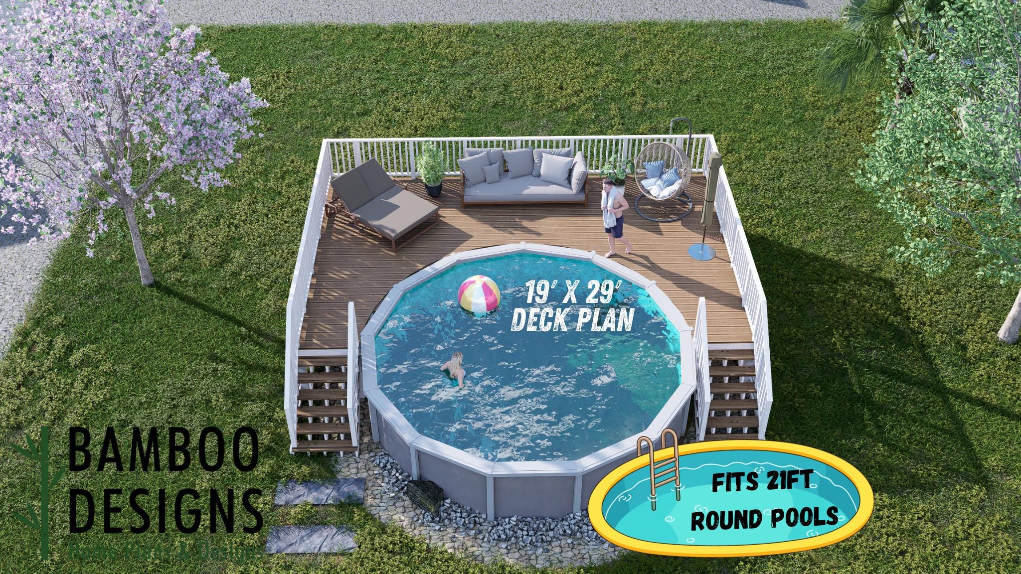 Image of Indian Springs Circle Pool Deck Plan - 19x29 Elevated Deck with Dual 6-Step Staircases | DIY PDF Plans