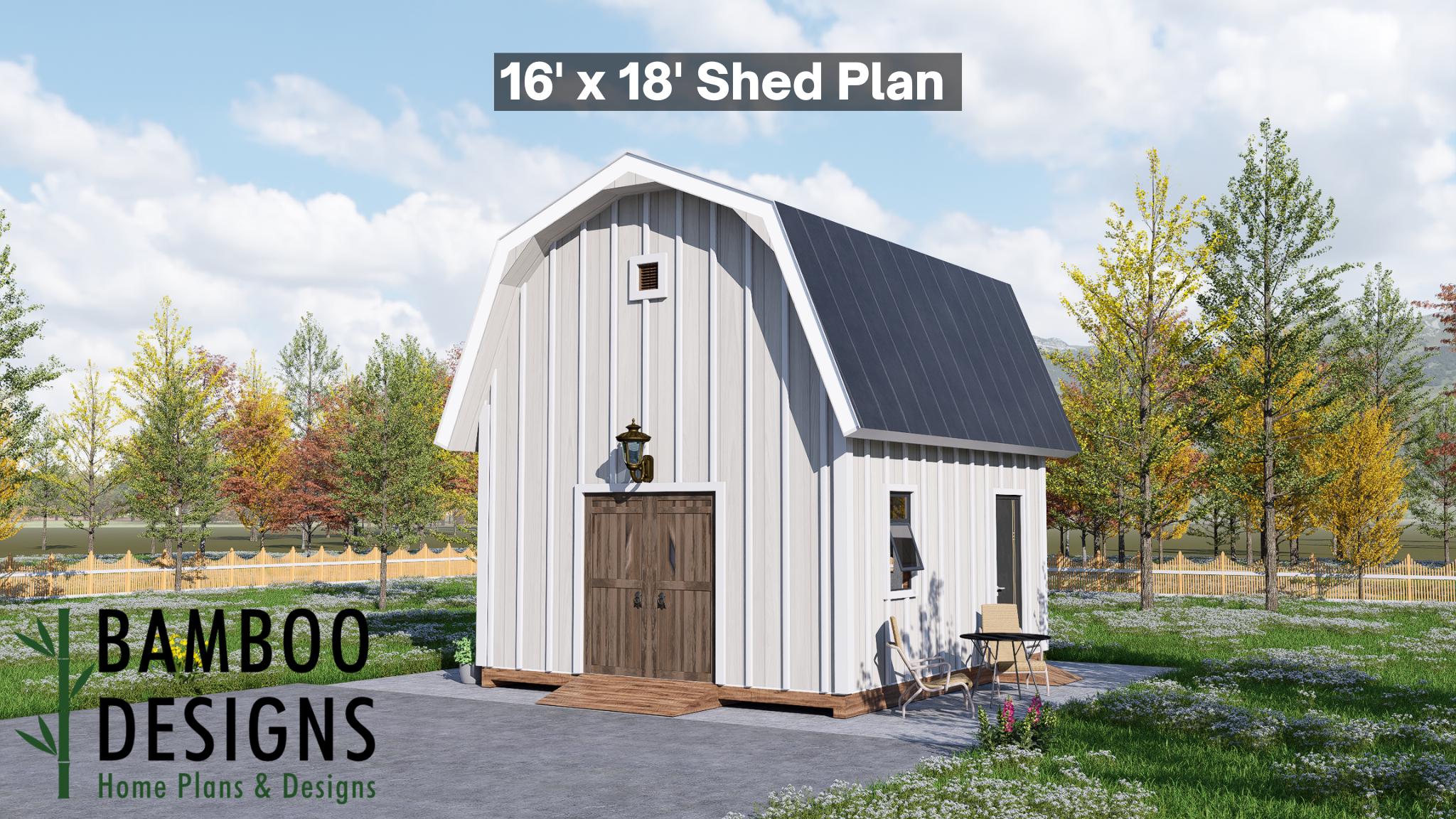 Image of Yara 16x18 Gambrel Roof Shed Plan - Spacious Barn-Style Storage & Workshop