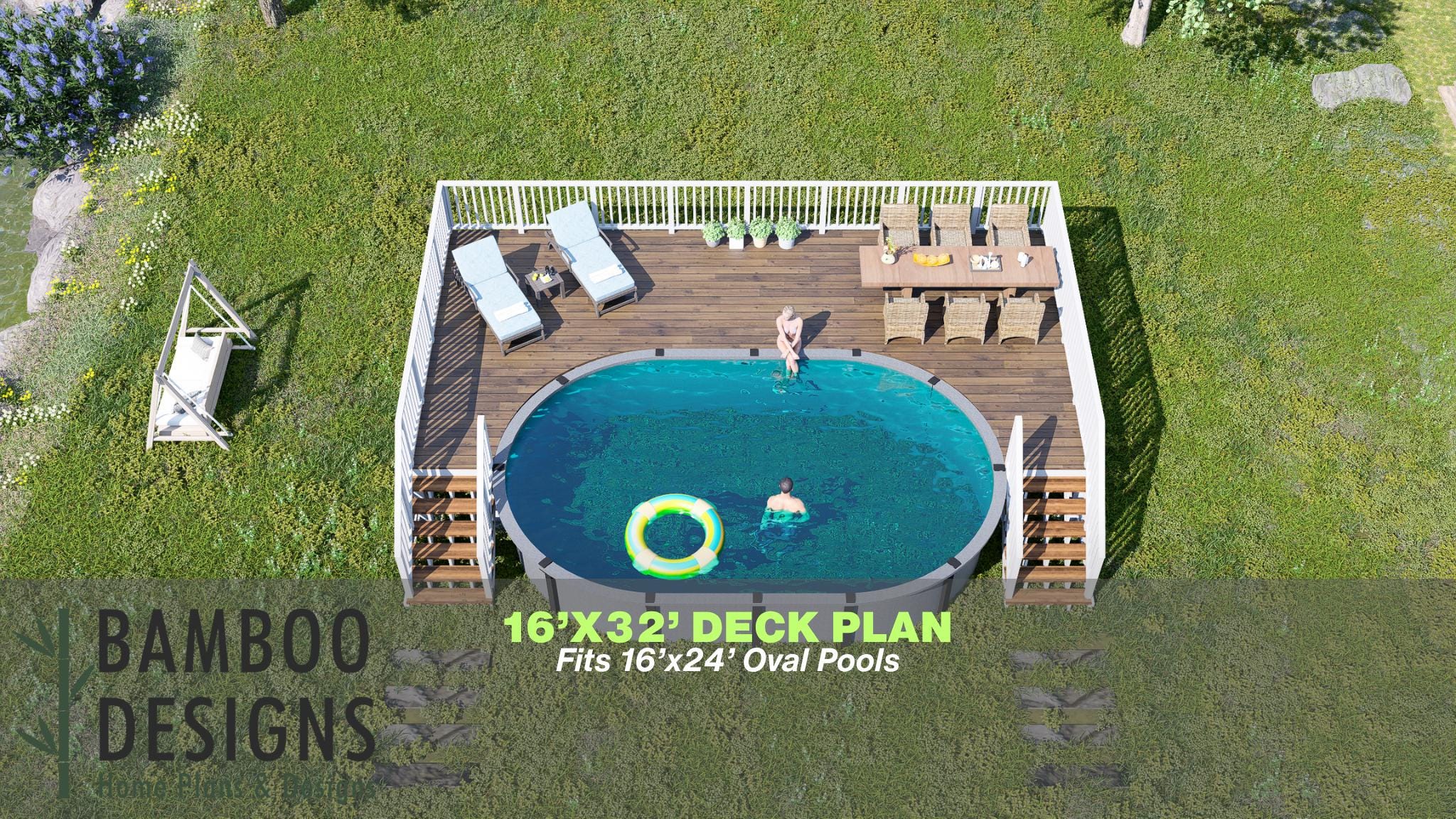 Image of Nimbus Oval Pool Deck Plan - 16x32 Extended Above-Ground Pool Deck for 16x24 Oval Pools | DIY PDF Plans