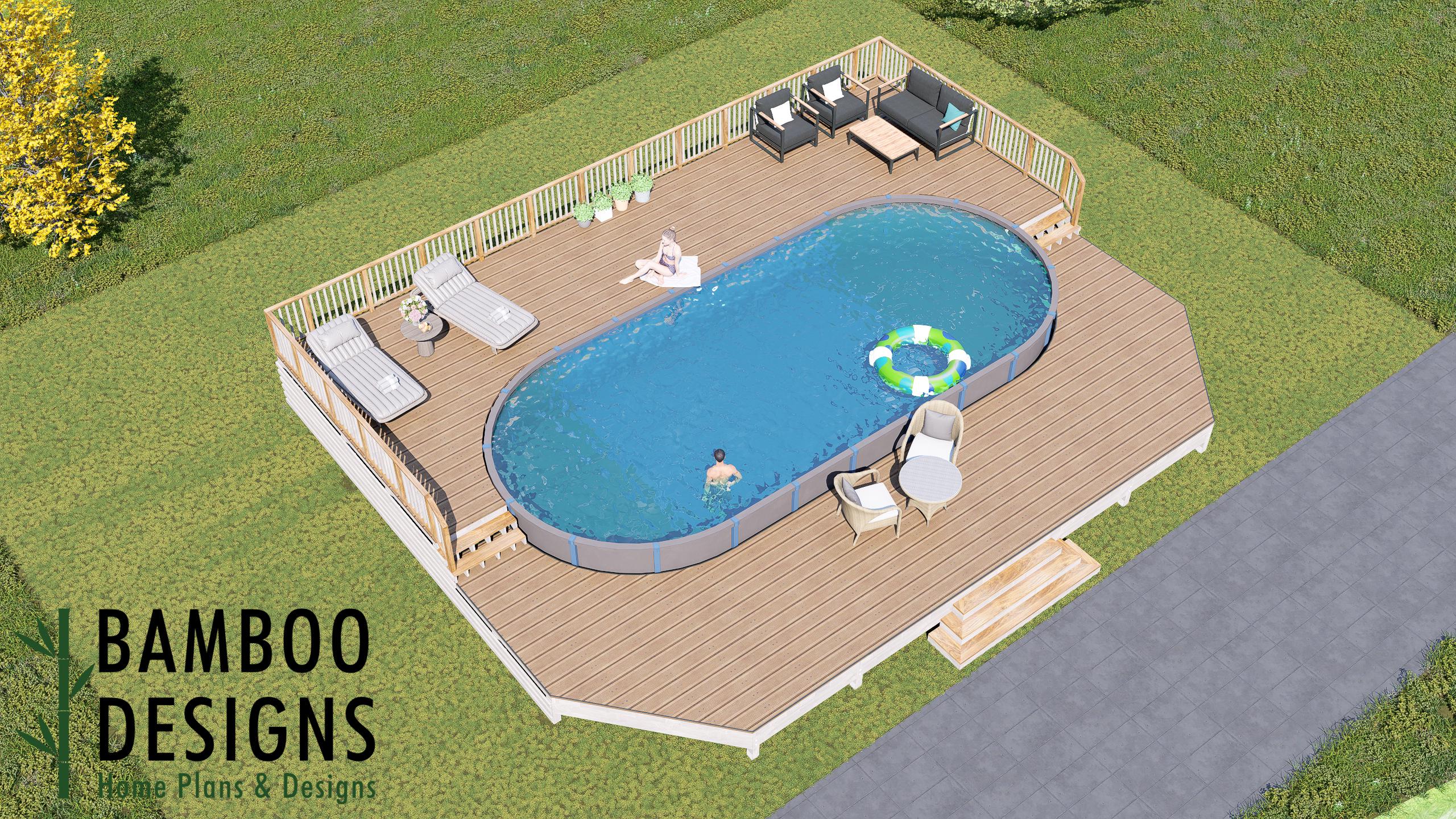 Image of Allen Oval Pool Deck Plan - 38'x49' Luxury Above-Ground Pool Deck for 18'x40' Oval Pools with Staircase & Railings | DIY PDF Plans