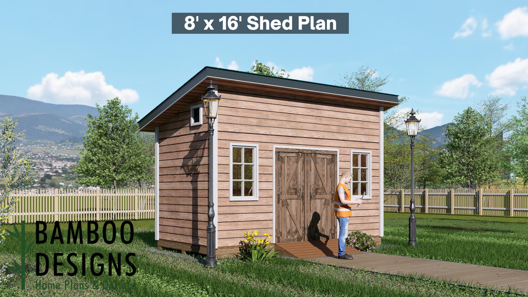 Image of Tarkin 8x16 Modern Shed Plan - Sloped Roof Garage or Workshop | DIY Backyard Storage Studio Design (PDF)