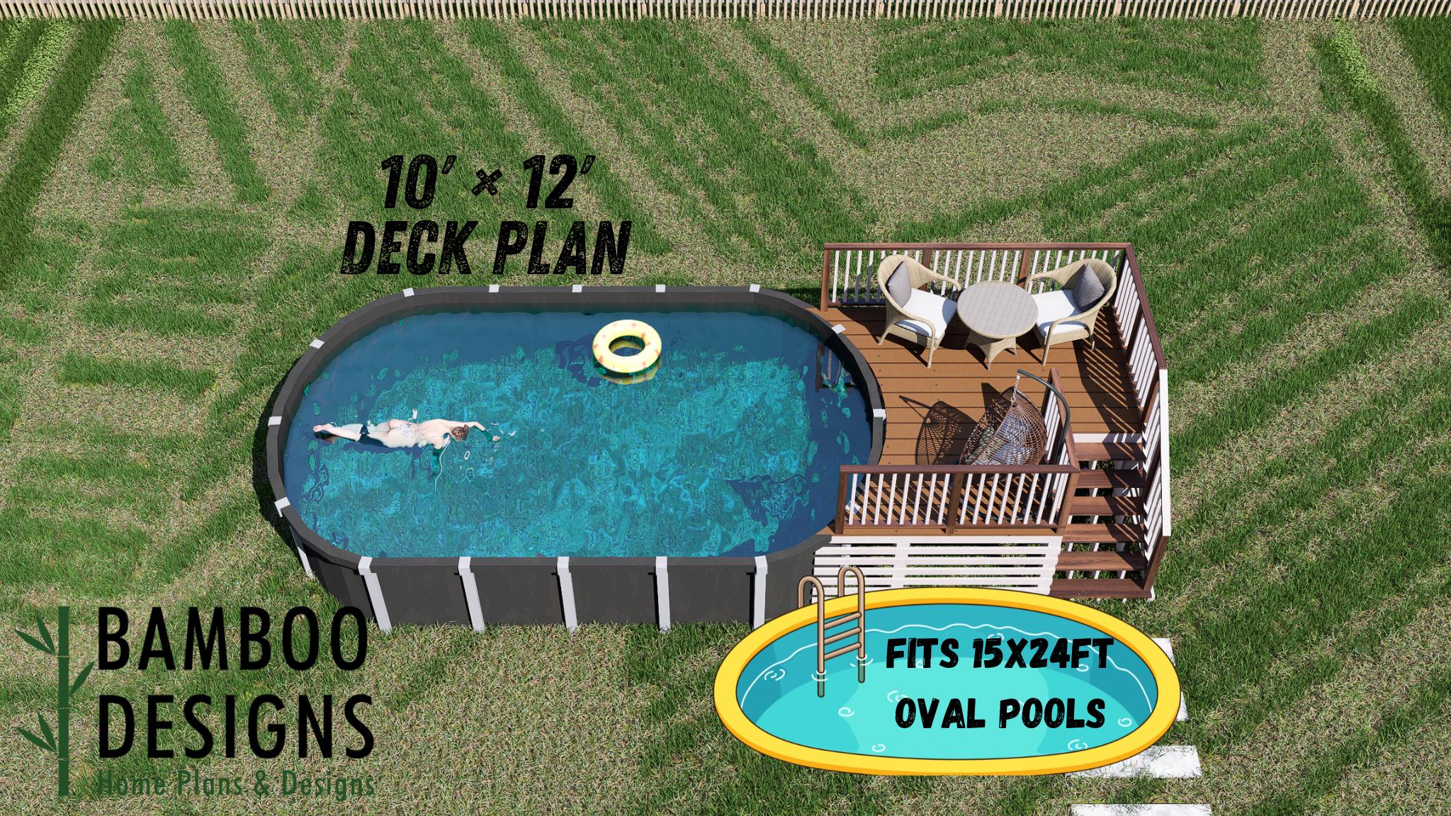 Plano de terraza de piscina ovalada Sauron: terraza elevada de 10 x 12 para piscinas elevadas de 15 x 24