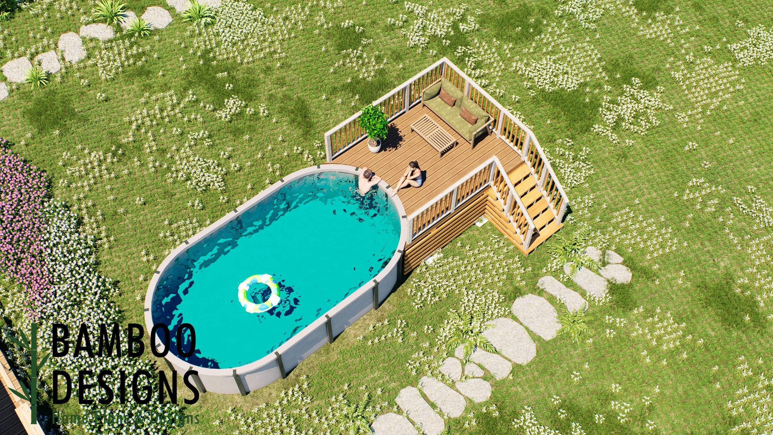 Image of Boutella Oval Pool Deck Plan - 10'x10' Above-Ground Pool Deck for 12'x21' Oval Pools with Staircase & Railings | DIY PDF Plans