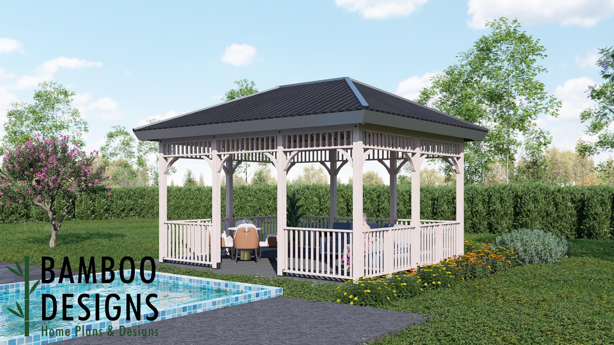 Image of Catania 16x20 Hip Roof Gazebo Plan - Outdoor Pavilion Design | DIY Backyard Lounge or Poolside Shelter | PDF Building Plans