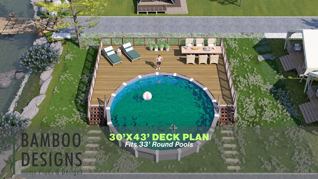 Pool Access Plan Example Emery Pool Deck Plan – 30'x43' Large Above-ground Pool Deck for 33 ...