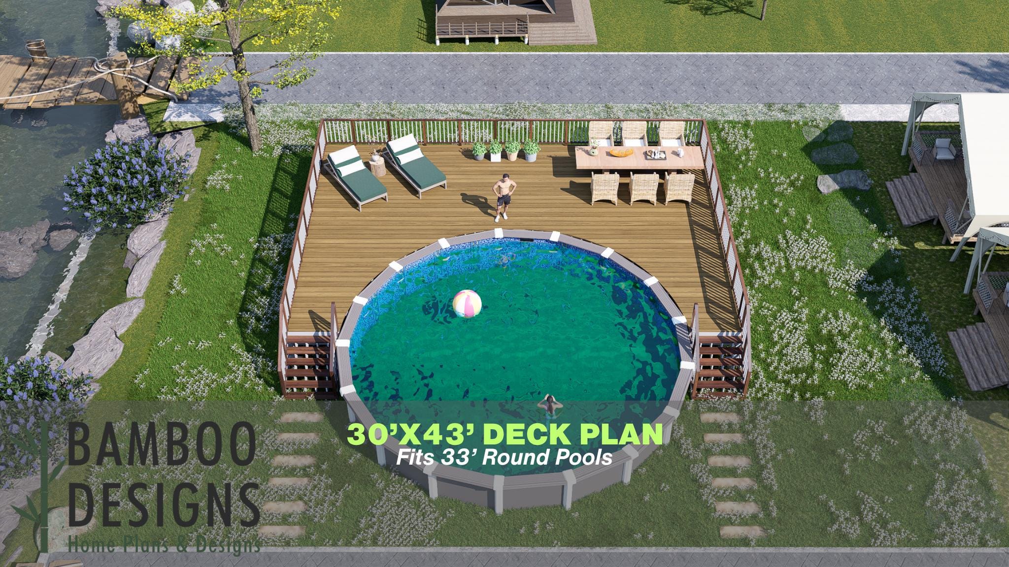 Image of Emery Pool Deck Plan - 30'x43' Large Above-Ground Pool Deck for 33' Round Pools with Stair Access | DIY PDF Plans