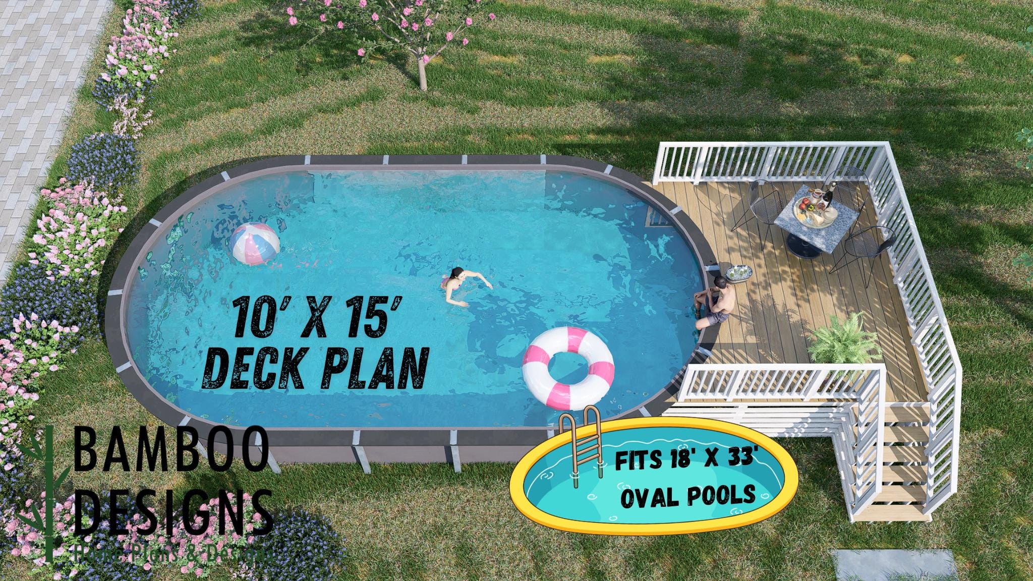 Image of Clermont Oval Pool Deck Plan - 10x15 Elevated Above-Ground Pool Deck with 6-Step Staircase | DIY PDF Plans