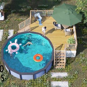 May include: An overhead shot of a garden with a circular pool, a wooden deck, and outdoor furniture. People are swimming in the pool with inflatable rings. A green parasol shades the deck. The text "BAMBOO DESIGNS Home Plans & Design" is visible.