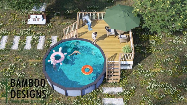 May include: An overhead shot of a garden with a circular pool, a wooden deck, and outdoor furniture. People are swimming in the pool with inflatable rings. A green parasol shades the deck. The text "BAMBOO DESIGNS Home Plans & Design" is visible.