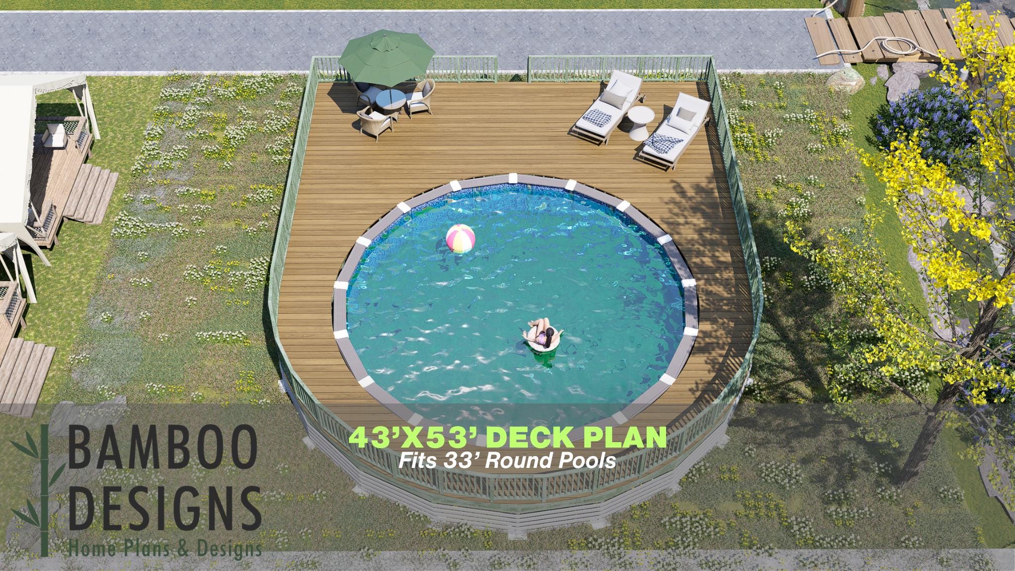 Image of Jennings Pool Deck Plan - 43'x53' Luxury Above-Ground Pool Deck for 33' Round Pools with Stair Access | DIY PDF Plans