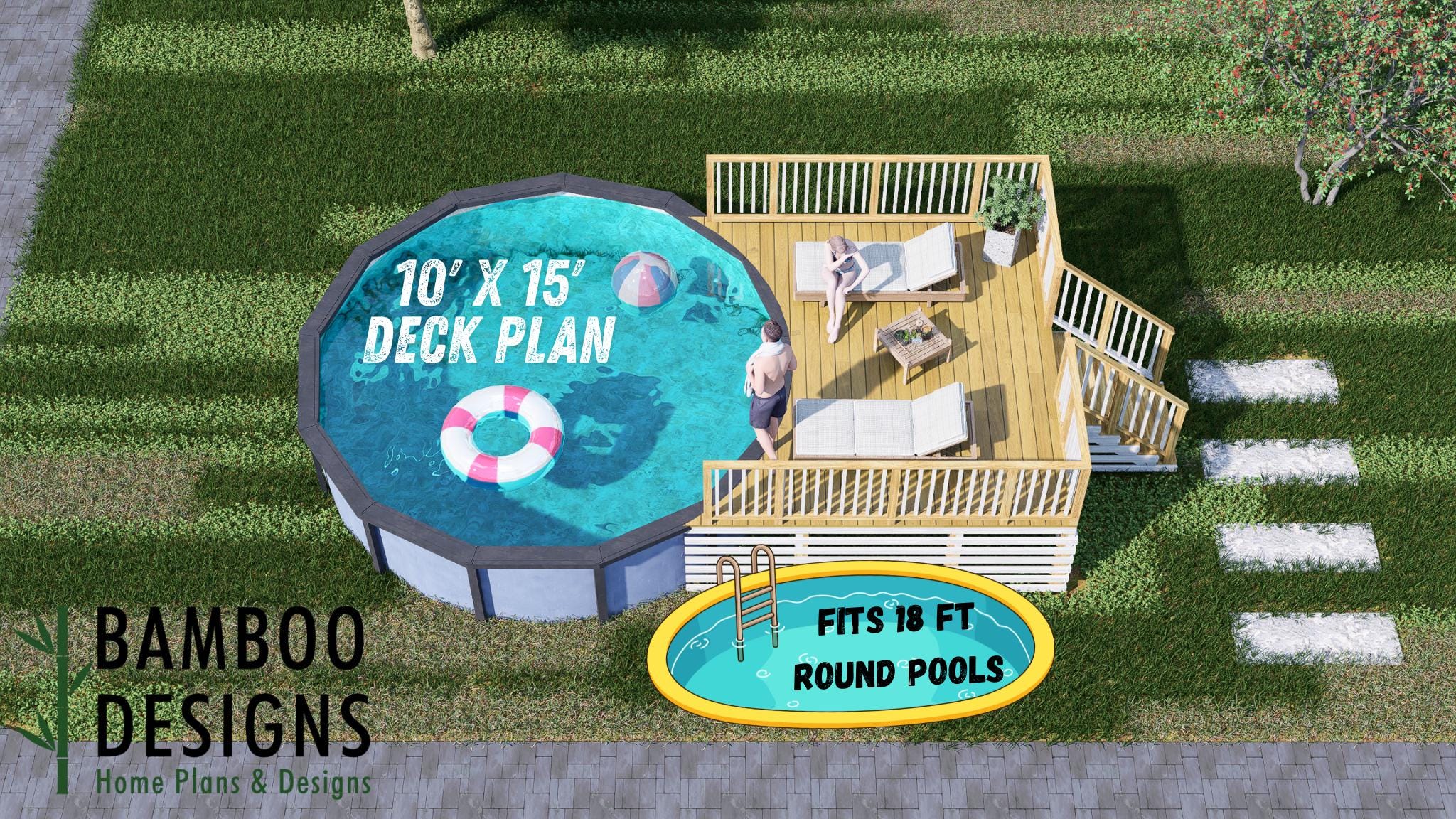 Image of Hudson 10x15 Pool Deck Plan - Elevated Above-Ground Pool Deck with Railing | PDF + DWG DIY Plans
