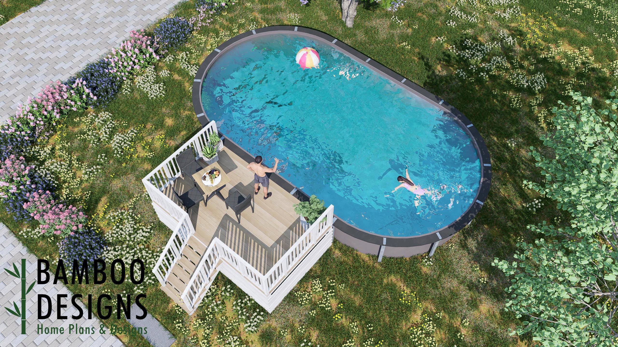 Image of Daytona 18x33 Oval Pool Deck Plan - 9x12 Elevated Entry Deck with 6-Step Staircase | DIY PDF Plans