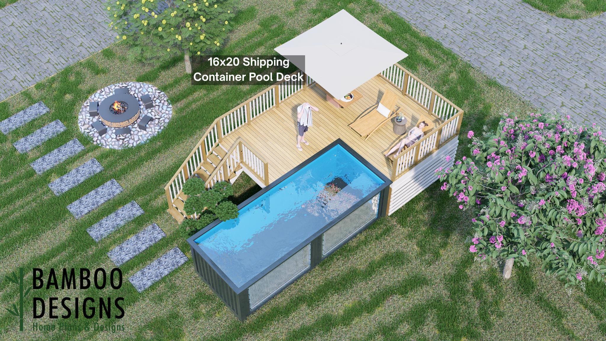 Plano de terraza para piscina prefabricada Stellar Container Pool Terrace - Terraza elevada envolvente de 16x20 con barandilla / Planos en PDF + DWG p