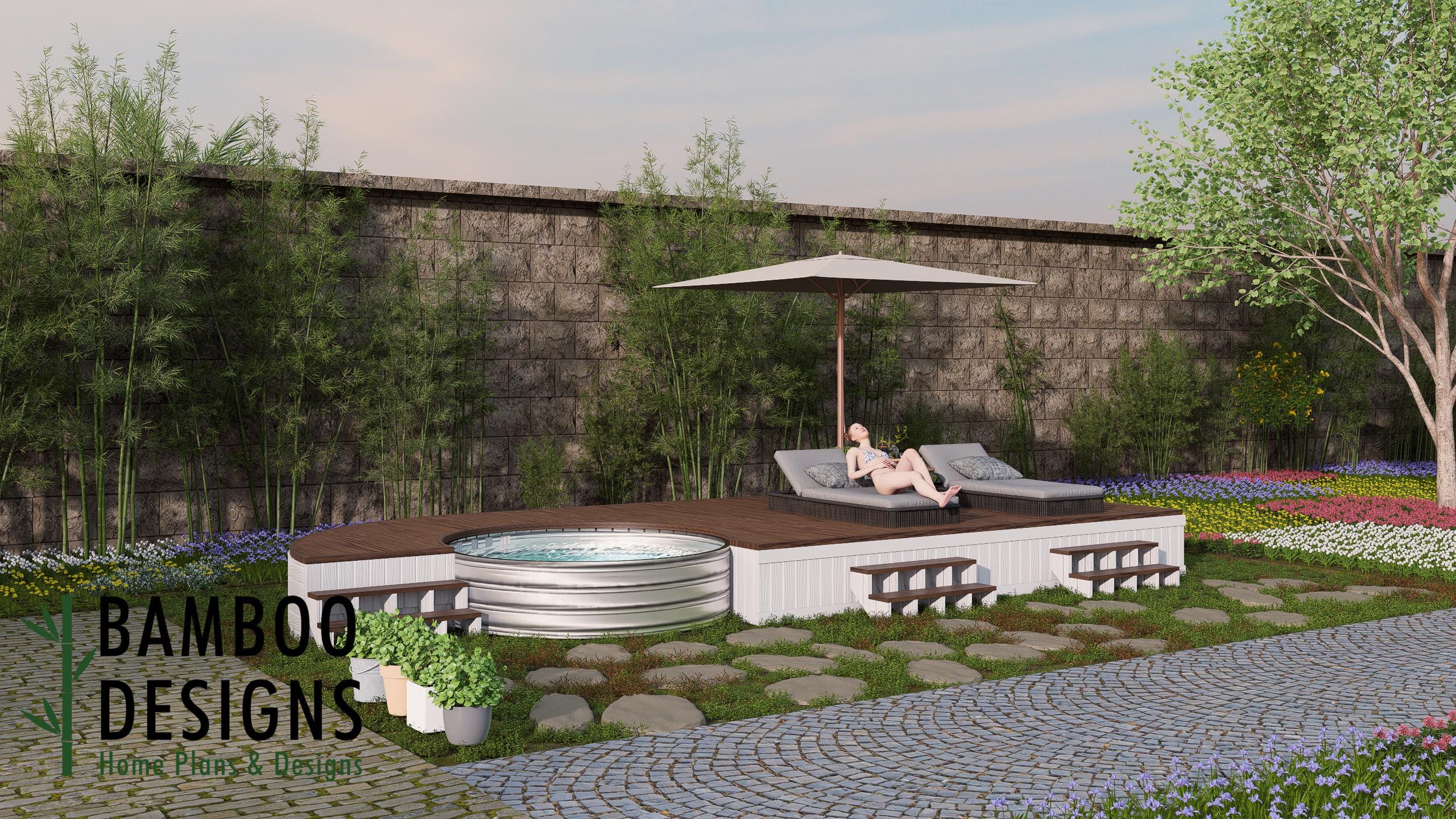 Image of Sunrise Bay Pool Deck Plan - 12x17 Deck with 8ft Pool Cutout + Outdoor Living Dream Oasis