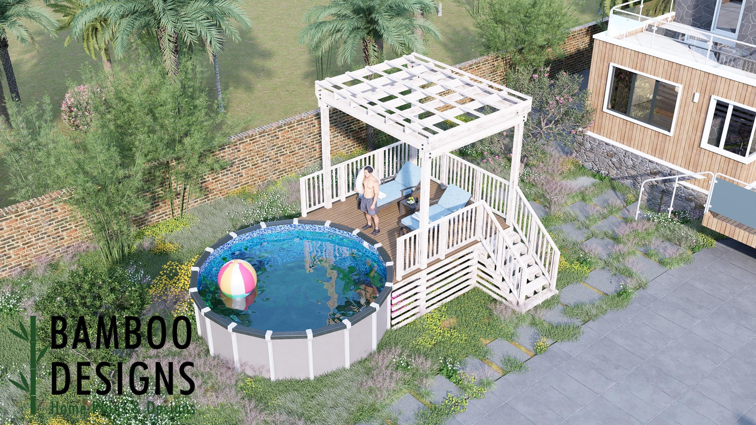Image of Indigo Circle Pool Deck Plan - 10x12 Above-Ground Pool Deck with Staircase | DIY PDF Plans for 14' Round Pools
