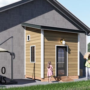 May include: An exterior view of a modern house with a light brown wooden facade and a dark grey roof. A person carries boxes towards the front door. A young girl stands on the porch. The image includes the text "BAMBOO DESIGNS" and "Home Plans & Designs".