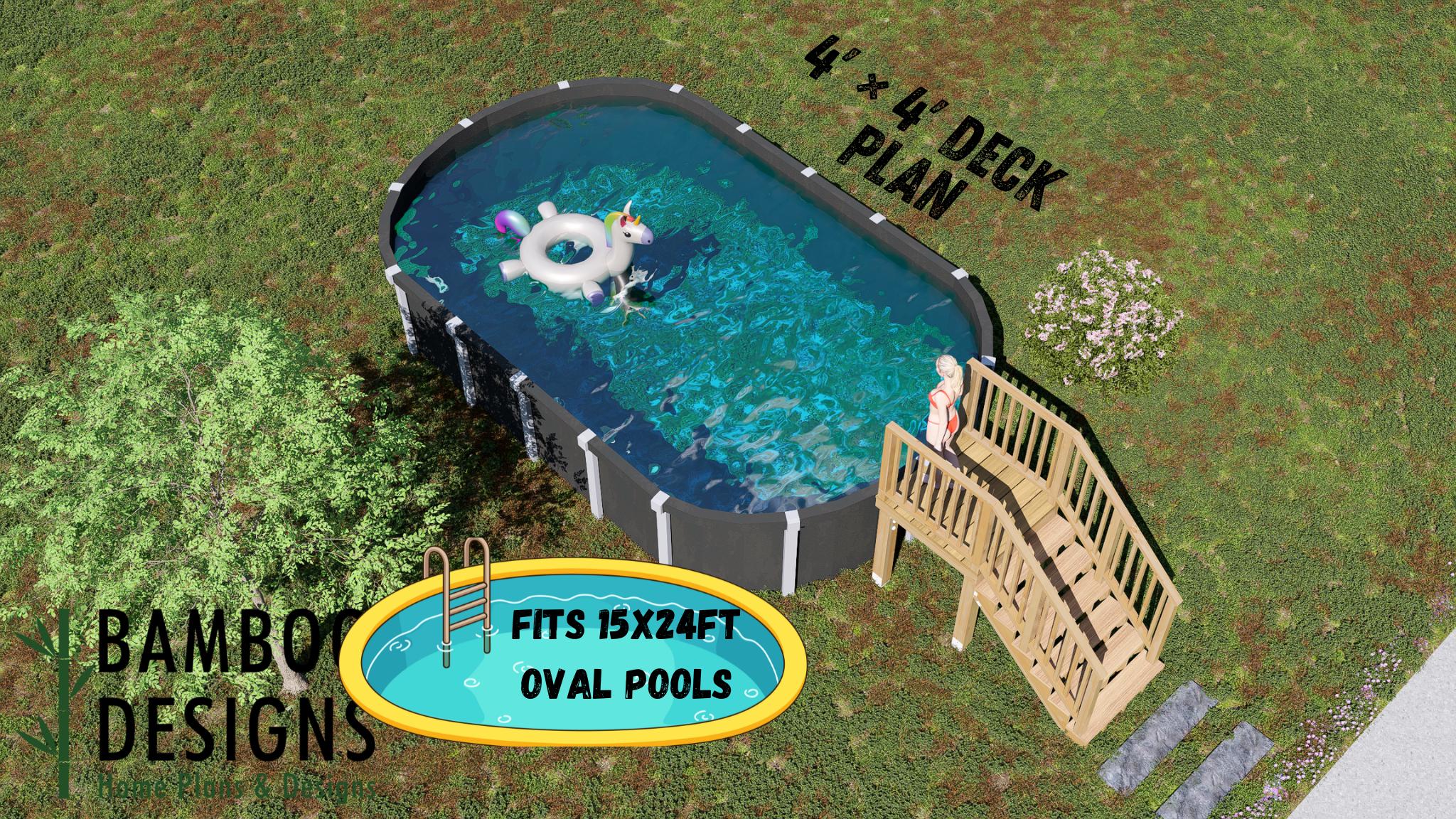 Plano de terraza de piscina ovalada Frodo: terraza de entrada minimalista de 4x4 para piscinas elevadas de 15x24