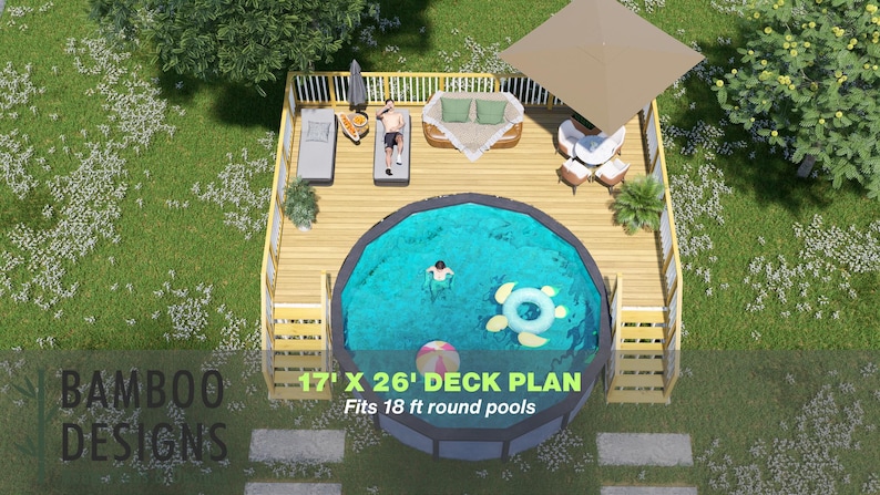 Raleigh 17x26 Pool Deck Plan with Pergola plan by Bamboo Designs