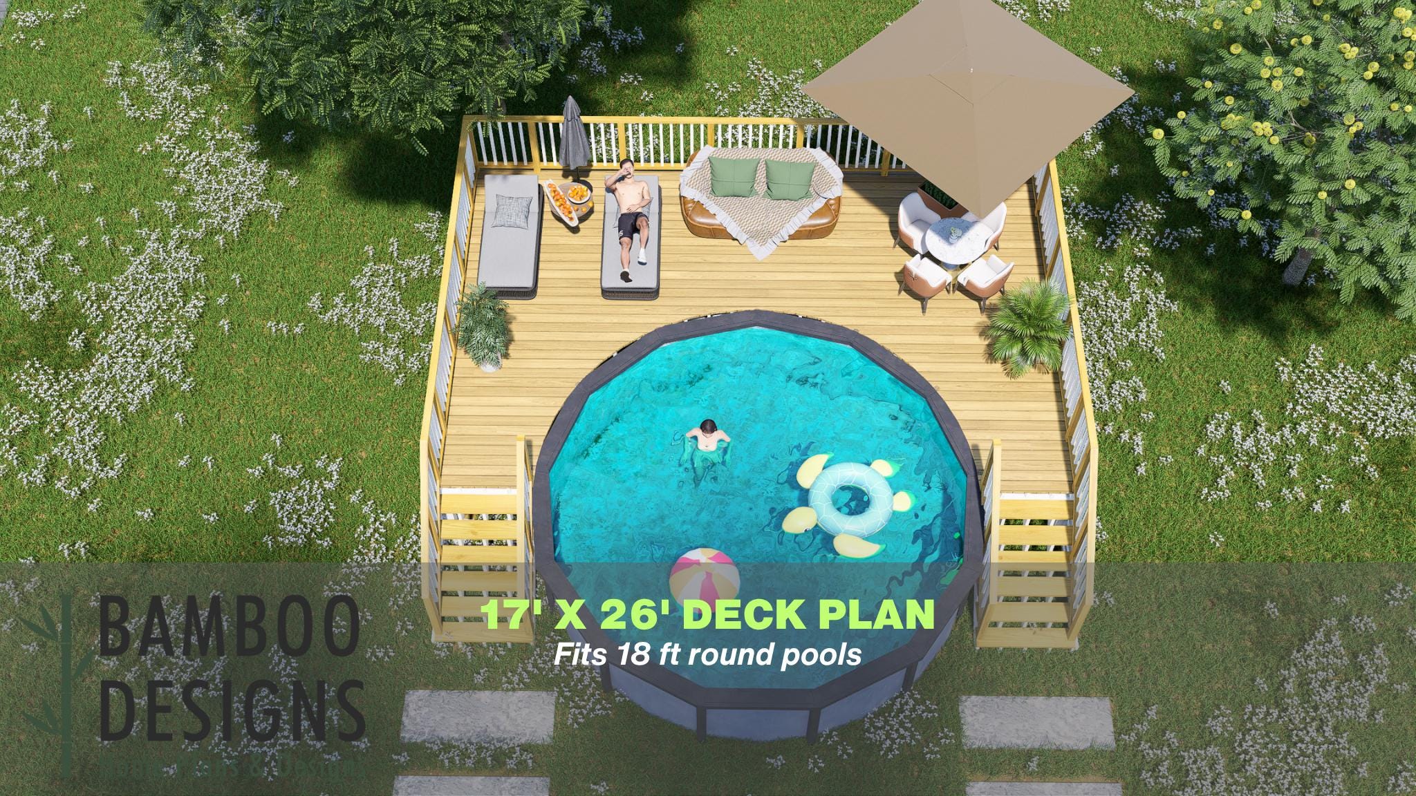 Image of Raleigh 17x26 Pool Deck Plan with Pergola - Elevated Above-Ground Pool Deck + Shade Structure | PDF + DWG DIY Plans