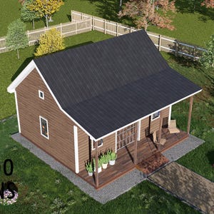 May include: A brown wooden house with a black roof, a porch, and a small garden. The house has white trim and windows. The text "BAMBOO DESIGNS" is visible in the lower left corner.