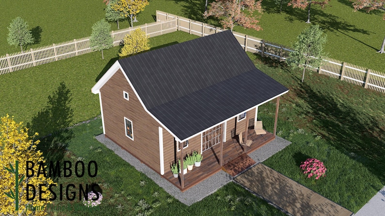 May include: A brown wooden house with a black roof, a porch, and a small garden. The house has white trim and windows. The text "BAMBOO DESIGNS" is visible in the lower left corner.