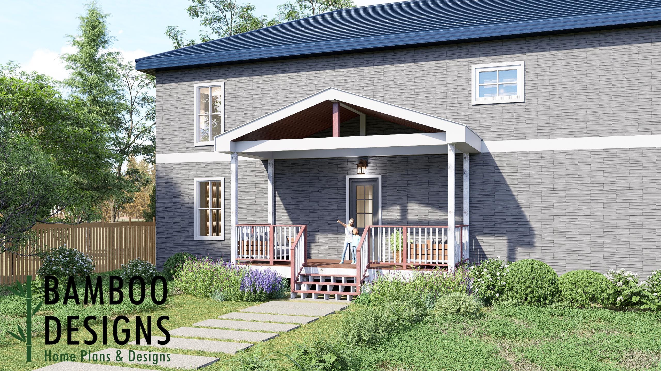 Image of Genie 8x20 Deck with Gable Porch Plan - Large Covered Outdoor Living Deck | DIY PDF Plans